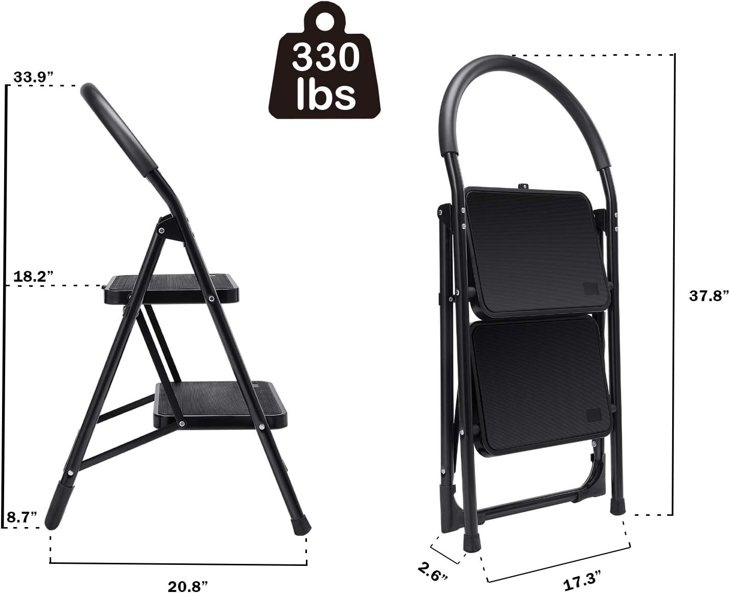 ZEAK 2-Step Pedal Ladder Anti-Slip Folding Mental Stool, Non-Slip Handgrip with 330lbs Load Capacity Black: Home Improvement