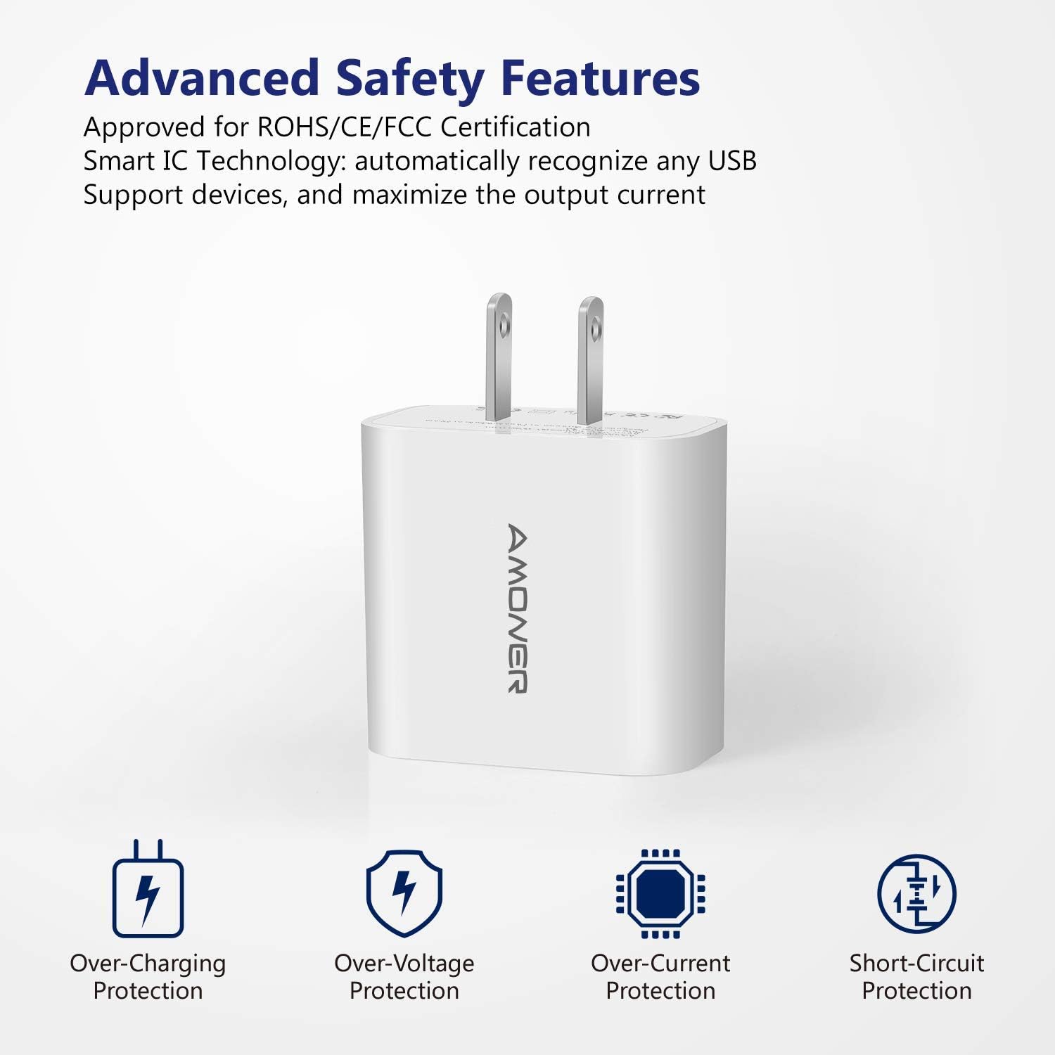 Wall Charger, Amoner Upgraded 2Pack 15W 3-Port USB Plug Cube Portable Wall Charger Plug for iPhone Xs/XS Max/XR/X/8/7/6/Plus, iPad Pro/Air 2/Mini 2, Galaxy9/8/7, Note9/8, LG, Nexus and More