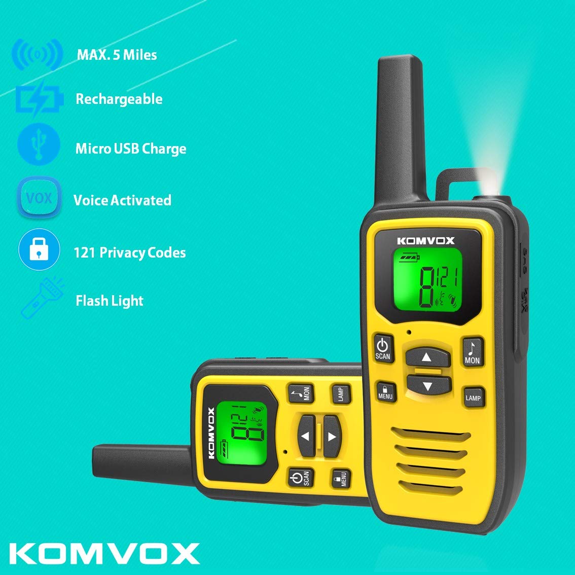 Professional Rechargeable Walkie Talkies Long Range for Adults Two Way Radio 22 Channels VOX Scan LCD Display with LED Flashlight Ideal for Field Survival Biking and Hiking Camping Travel Excursion