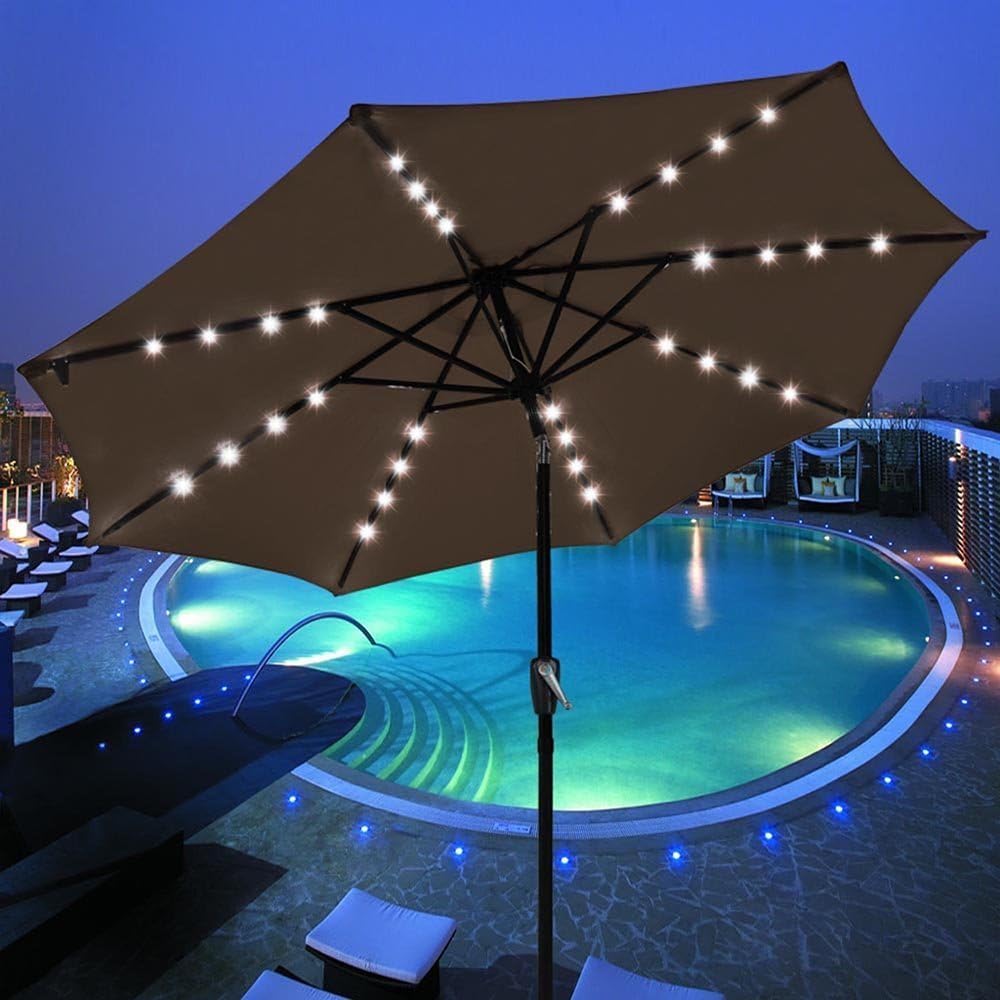 Amazon Com Leemas Inc 9 Ft Solar Led Patio Umbrella Canopy 8 Ribs Chocolate Dark Brown For Garden Yard Cafe Coffee Shop Bistro Restaurant Garden Outdoor