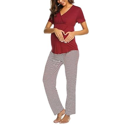 Askwho Umstandskleidung Damen Stillpyjama Kurzarme Zweiteilige Umstandspyjama Set Stillshirt und Hose,Mutterschaft V-Ausschni