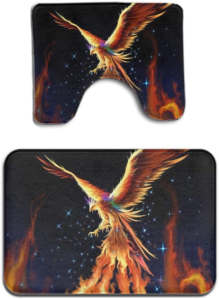 Beach Surfer Cool fire Flame Phoenix Bird 2-Piece Soft Bath Rug Set Includes Bathroom Mat Contour Rug Home Decorative Doormat