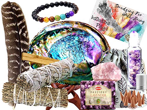 Sage Smudge Kit: ULTIMATE 12 Piece Spiritual Gifts Variety Smudging Kit: XL Abalone Shell, White Sage & Blue Sage Smudge Sticks, Palo Santo, Healing Crystals Amethyst Roller,Chakra Bracelet,More!