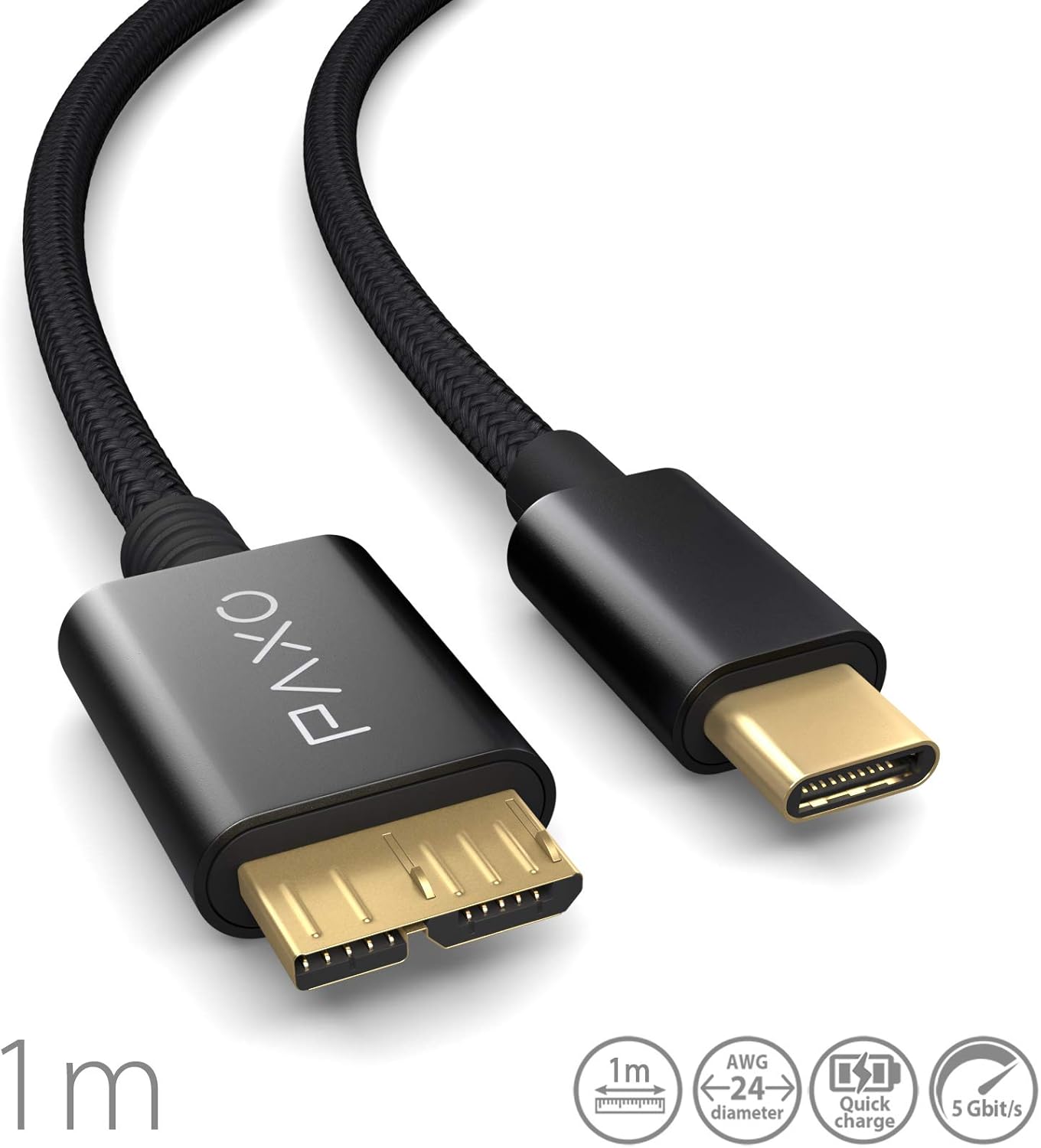 PAXO 1m Nylon USB C-Micro USB 3.1 Hard Disk Cable, 5Gbit/s, Data and Charging Cable, Black - Image 3