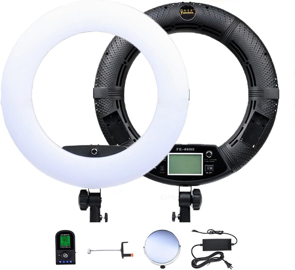 Yidoblo 18 inch LED Ring Light FE-480II Dimmable Super Bright 96W Lighting with Smartphone Holder, Mirror and Remote Control for Makeup, YouTube Videos, Filming, Selfies, Portrait, Photos Photography