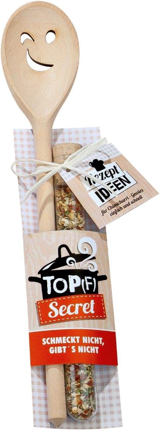 Kochlöffel 1/2 Hähnchen Preis Holz Kochlöffel Topf Secret mit Gesicht + Gewürz + Rezeptidee Geschenk