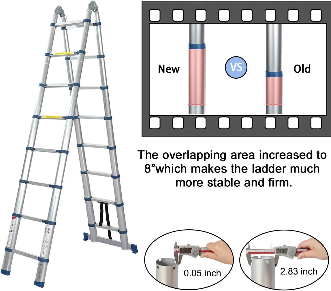 16.5 Ft Telescoping Ladder, Extension Ladder, A-Frame Portable Folding Ladder Aluminium Lightweight 330lb Load Capacity with Support Bar Anti-Slip - - 