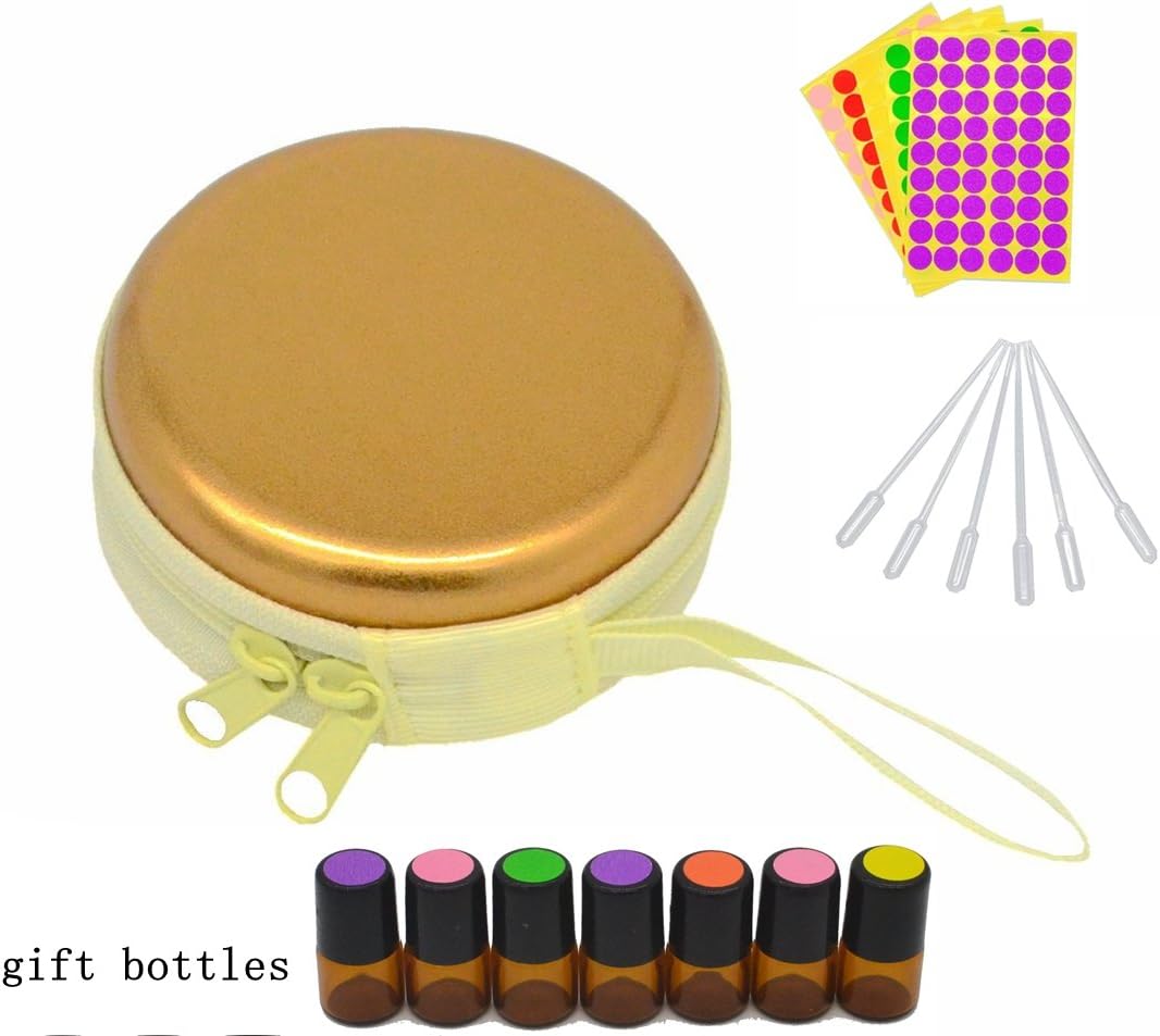 Fashionable Essential Oil 7 Bottles Key Chain Kit Come with Vials, Blank Labels, Droppers, Fits Easily in Purse or Makeup Bag, Carry Your Favorite Essential Oils Everywhere You Go, Golden