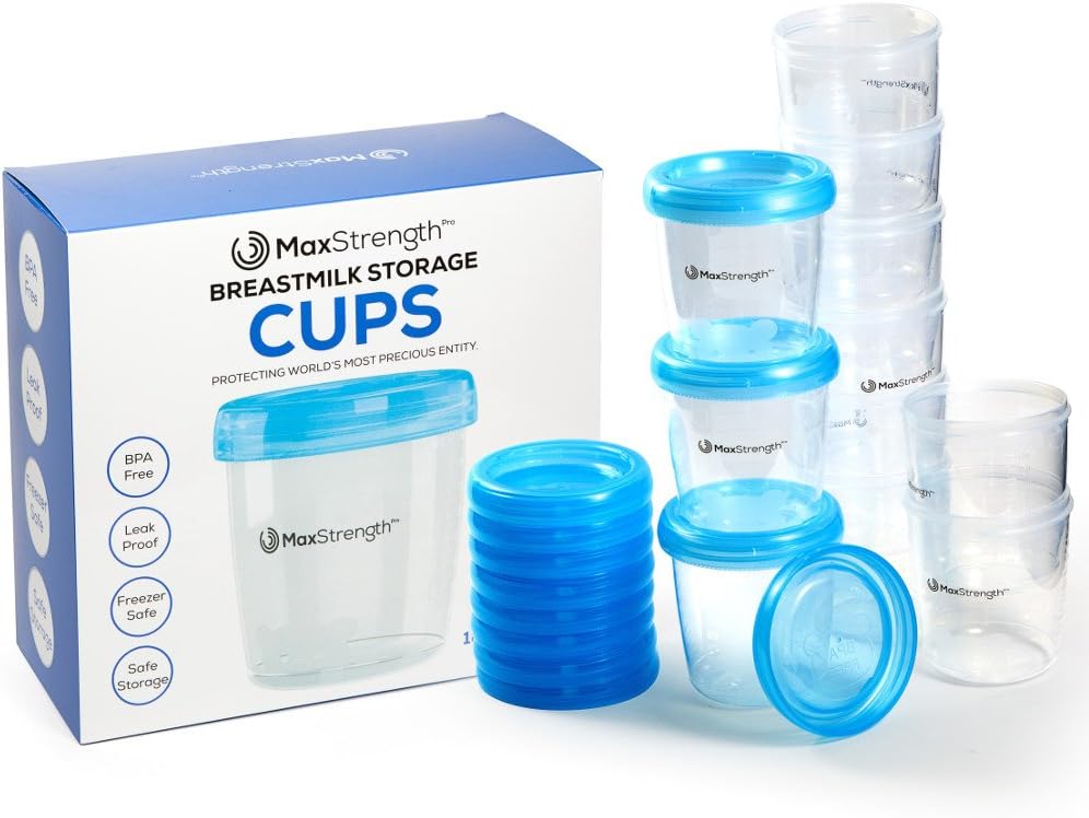 Breastmilk Storage Containers 12pc Set with Leak Proof Lids By Max Strength Pro, 6.oz 180ml Reusable Breast Milk Cups, Best for Collection & Storage Solution, BPA Free Pots, Freezer & Dishwasher Safe
