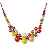 LLMSIX Boho Hippie Colorful Ceramic Beads Strand Necklace for Women Chunky Bohemian Fashion Statement Beaded Necklace Beachy Party Thanksgiving Autumn Accessories Gift for Women