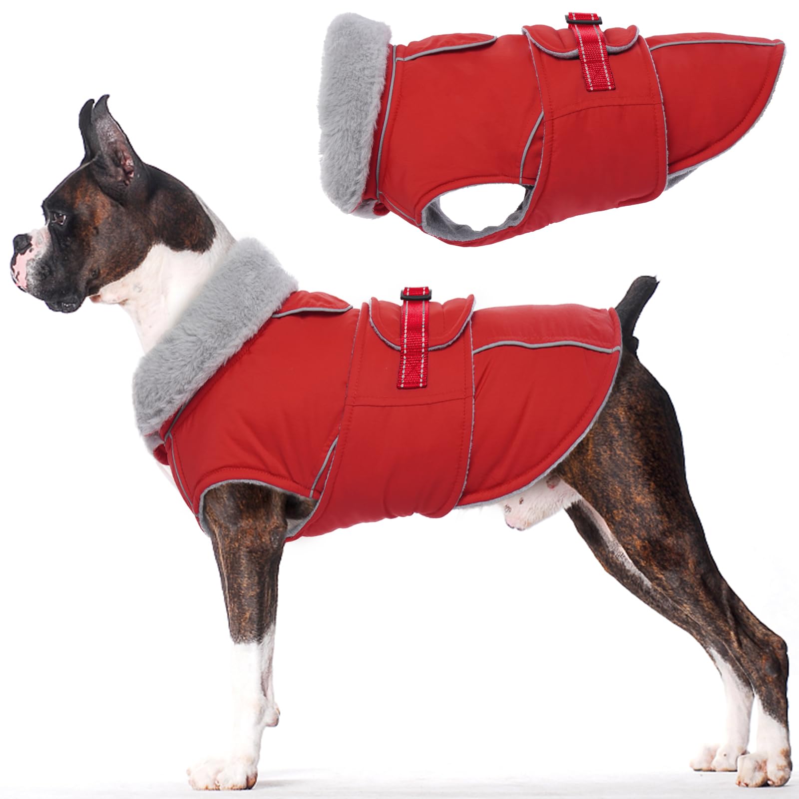 Photo 1 of Lelepet Warm Dog Coat - Reflective Waterproof Fleece Vest with Adjustable Buckle Hook & Loop, Windproof Winter Jacket Dog Coats for Small Medium Large Dogs, Red, L