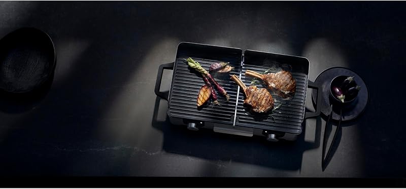 Wmf lono mastergrill, churrasqueira elétrica, 2400 w, superfície antiaderente, regulador de temperatura, 2 placas removíveis, acabamentos em aço inoxidável cromargan, cor prata/preta