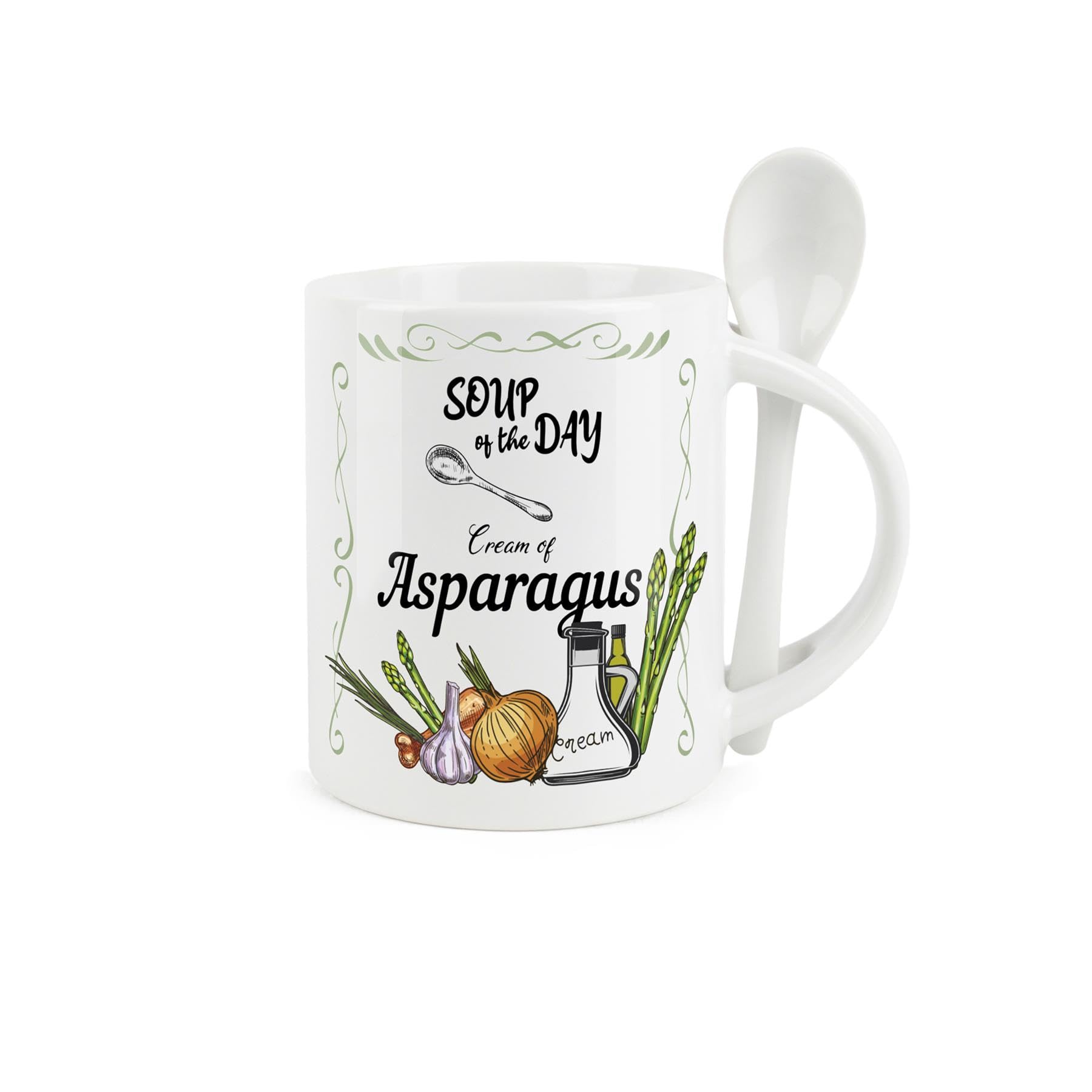Purely Home Soup Mug and Spoon Set - Cream of Asparagus Soup of The Day - Ceramic White Soup Mug with Spoon in Handle