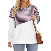 ROSRISS Womens Plus Size Sweatshirts Long Sleeve Side Split Striped Colorblock Tops Oversized Crewneck Casual Pullover Shirts