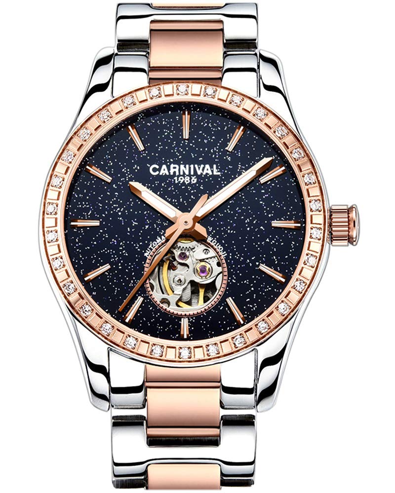 Carnival Womens Skeleton Automatic Mechanical Synthetic Sapphire Crystal Rose Gold Stainless Steel Lady Sapphire Waterproof White Watch, Starry sky face/ rose gold, fashion
