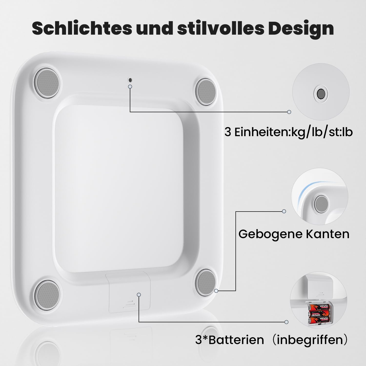 UNIWEIGH Digitale Personenwaage für Körpergewicht, hochpräzise Gewichtswaage bis zu 400lbs/180kg, Körperwaage mit stabilem gehärtetem Glas, LED-Anzeige, Step-on, 3 Einheiten und inkl. Batterien, weiß 5