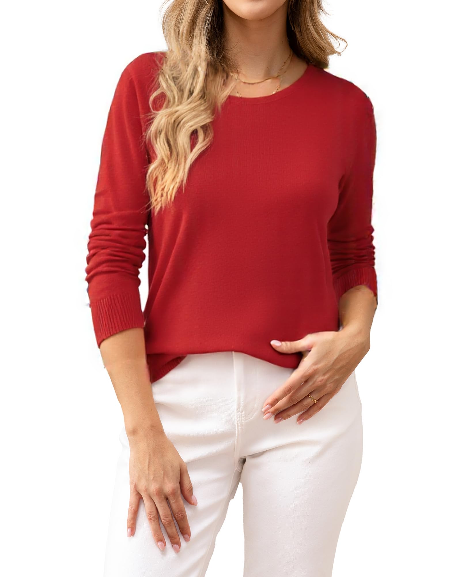 Photo 1 of Women's Crewneck Sweater 100% Cotton Long Sleeve Lightweight Knit Pullover Tops Red Small