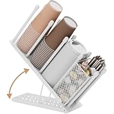 Coffee Cup and Lid Holder - 4 Compartments Plastic Paper Cups Dispenser | 8 Tilt Angle Adjust 100pcs+ 8-22oz Disposable Cups Holder with Straw Basket for Coffee Bar Station Countertop Breakroom White