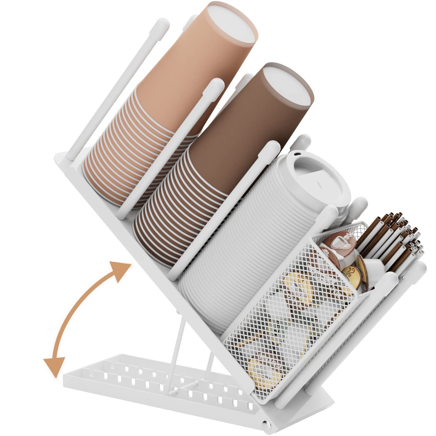 Cup and Lid Holder - Adjustable Coffee Cup Holder Organizer 4 Compartment Disposable Cup Dispenser with Coffee Pod Straw Storage Basket for Coffee Station Bar Countertop Breakroom Metal White