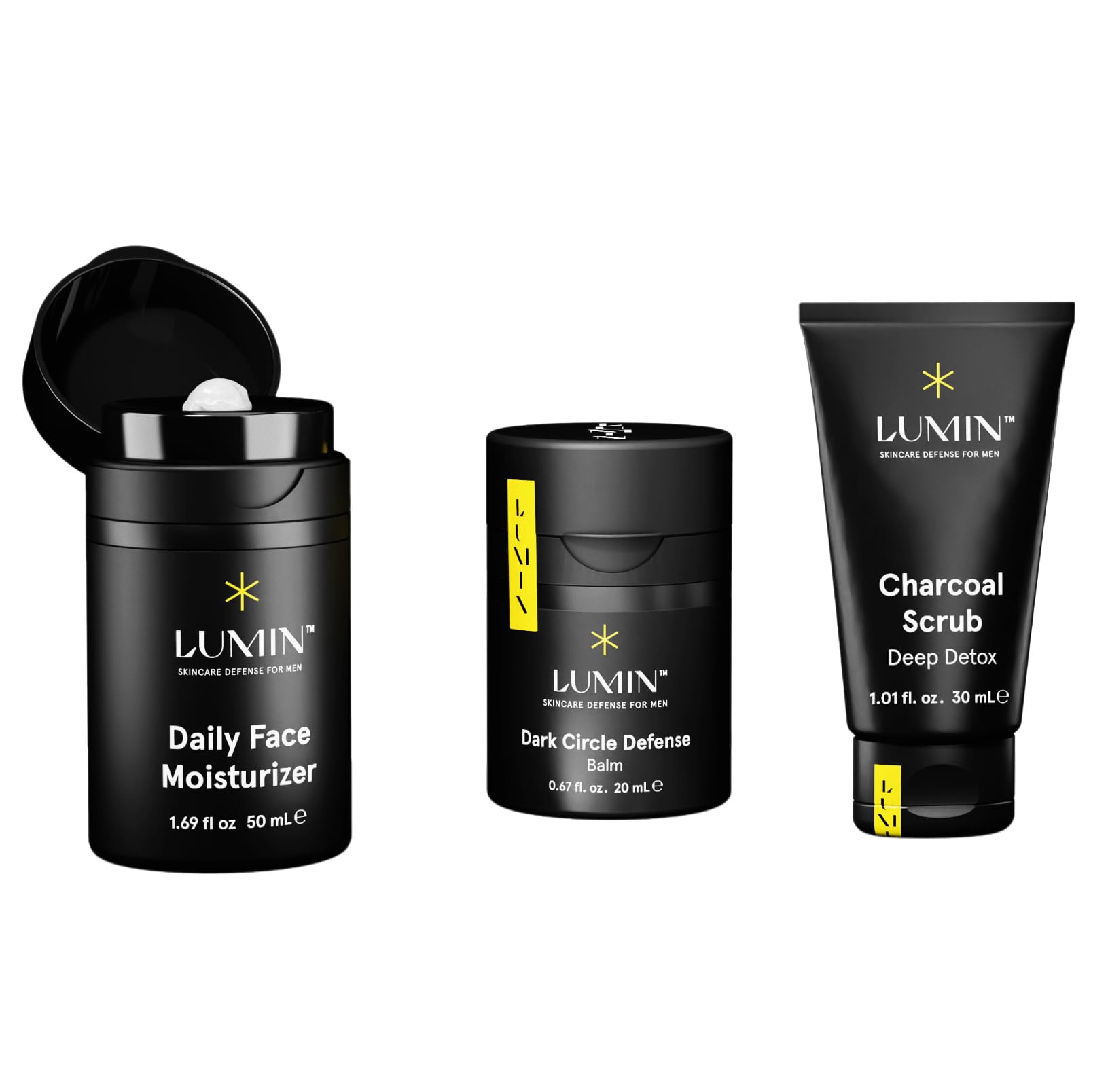 Lumin Boss Trio, Men's Skincare Kit with Moisturiser, Charcoal Scrub & Dark Circle Balm, 3-Step Routine, 3 Products