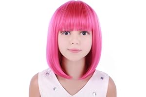 PATTNIUM Hot Pink Wig for Kids Child Short Magenta Bob Wig Neon Pink Wig for Girls Cosplay Party Synthetic Rose Net Wigs