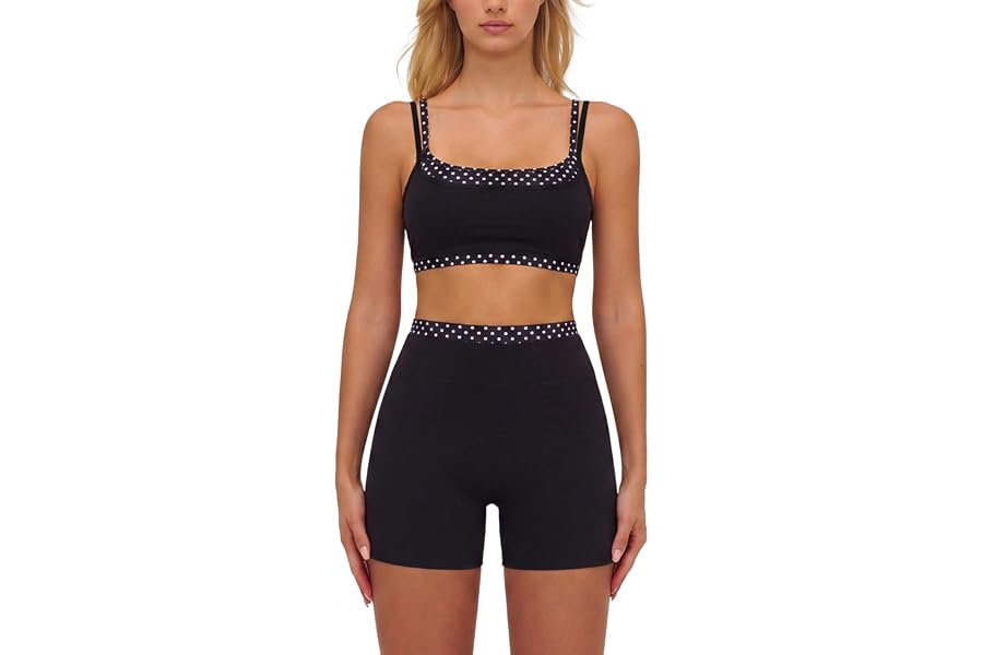 ABOCIW Layered Workout Sets for Women 2 Piece Polka Dot Sports Bra High Waist Shorts Gym Active Yoga Pilates Outfits