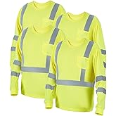 Vrizminfly 4 Pcs Safety Shirt Long Sleeve High Visibility Breathable Yellow T Shirt with Pockets and Reflective Construction Work for Men Women