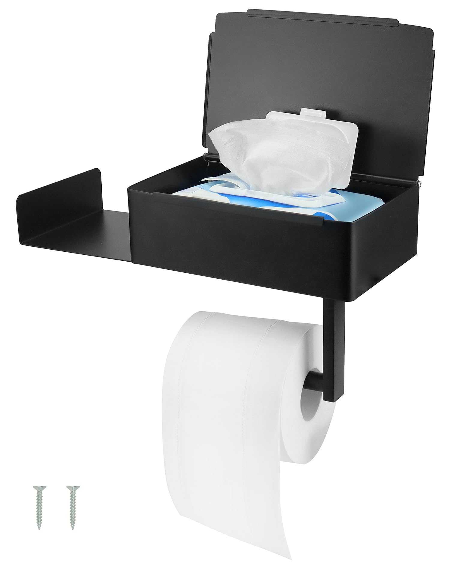 QWORK Toilet Paper Holders, toilet roll holder with shelf, Stainless Steel, Matte Black