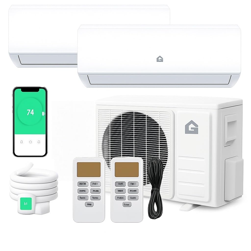 Photo 1 of 20K BTU Dual 2 Zone Mini Split Air Conditioner, 20 SEER2 12000 + 12000 BTU Wifi Enabled Ductless Mini Split AC with Pre-Charged Condenser, Heat Pump & 16ft Installation Kits, 208-230V