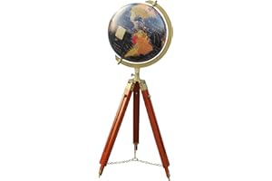Antique World Globe With Tripod Wooden Stand. 48 Inches Tall Vintage Educational Tripod Globe With Foldable Stand.