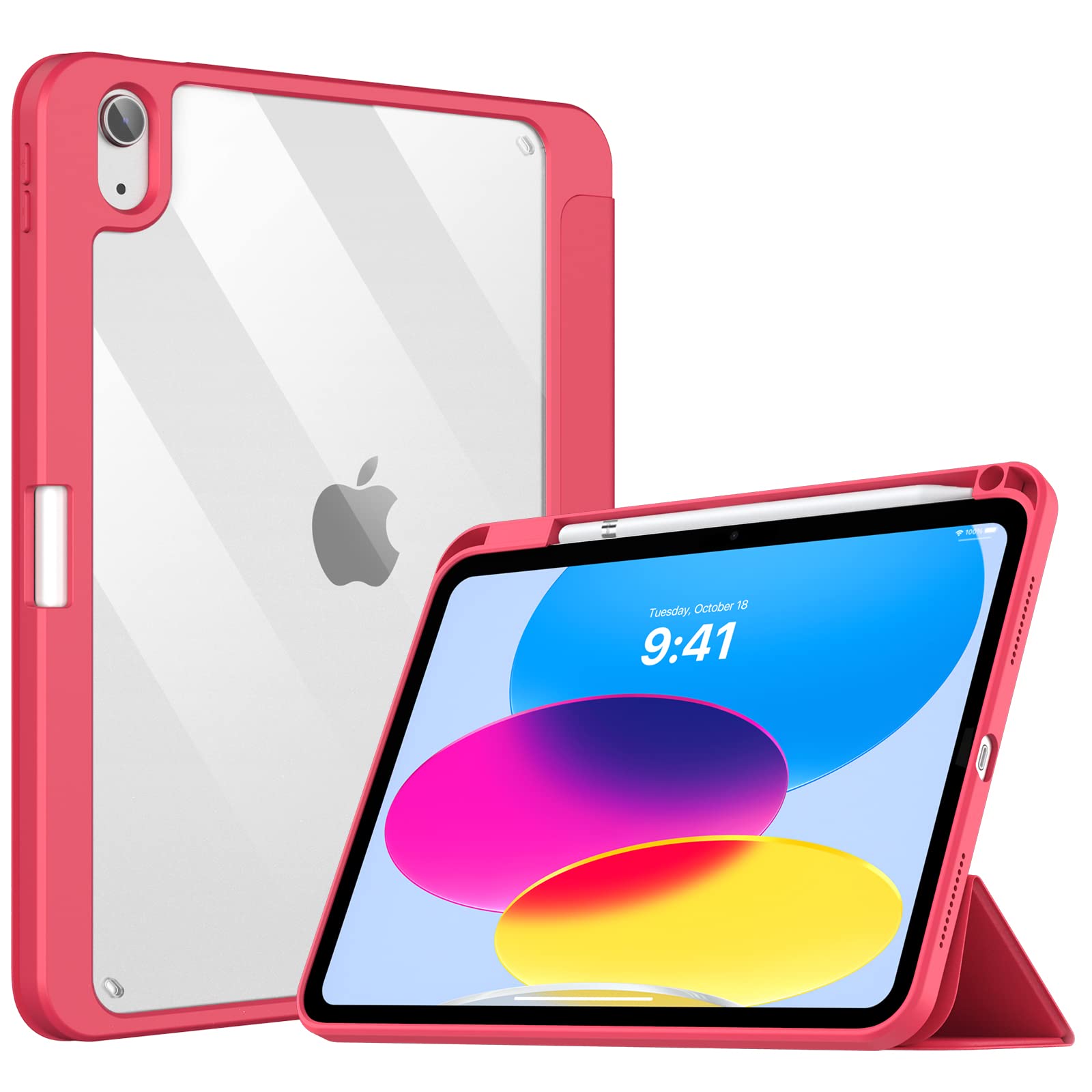 TiMOVO Case for iPad 10th Generation 2022, iPad 10 Case with Pencil Holder, Hybrid Slim Tri-fold Stand Protective Cover for iPad 10.9 inch, Smart Shell with Clear Back, Auto Wake/Sleep - Red