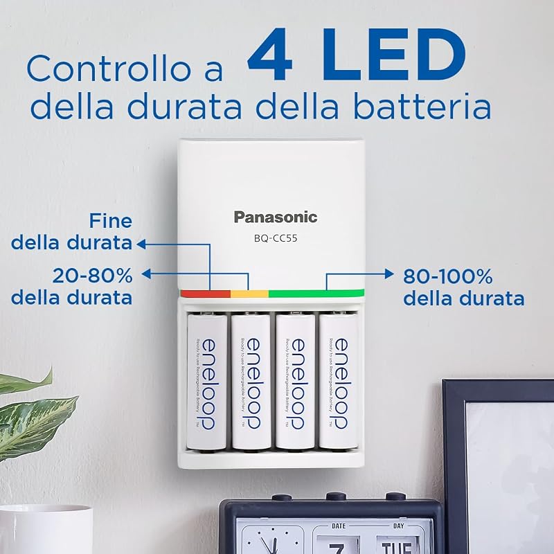 Caricabatterie SmartPlus per Batterie AA/AAA Ni-MH, Include 4 Batterie AA 2000mAh, Ricarica Rapida 1,5 Ore, con LED e 10 Funzioni di Sicurezza