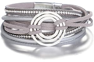 KSQS Multi-layer Leather Wrap Cuff Bracelet, Boho Wide Braided Buckle Bracelets for Women, Waterproof Leather Wristband Bangles