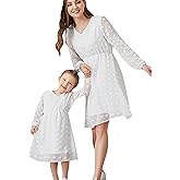 YMING Mommy and Me Matching Chiffon Dresses V Neck Solid Color Dress Long Sleeve Swiss Dot Mini Outfits