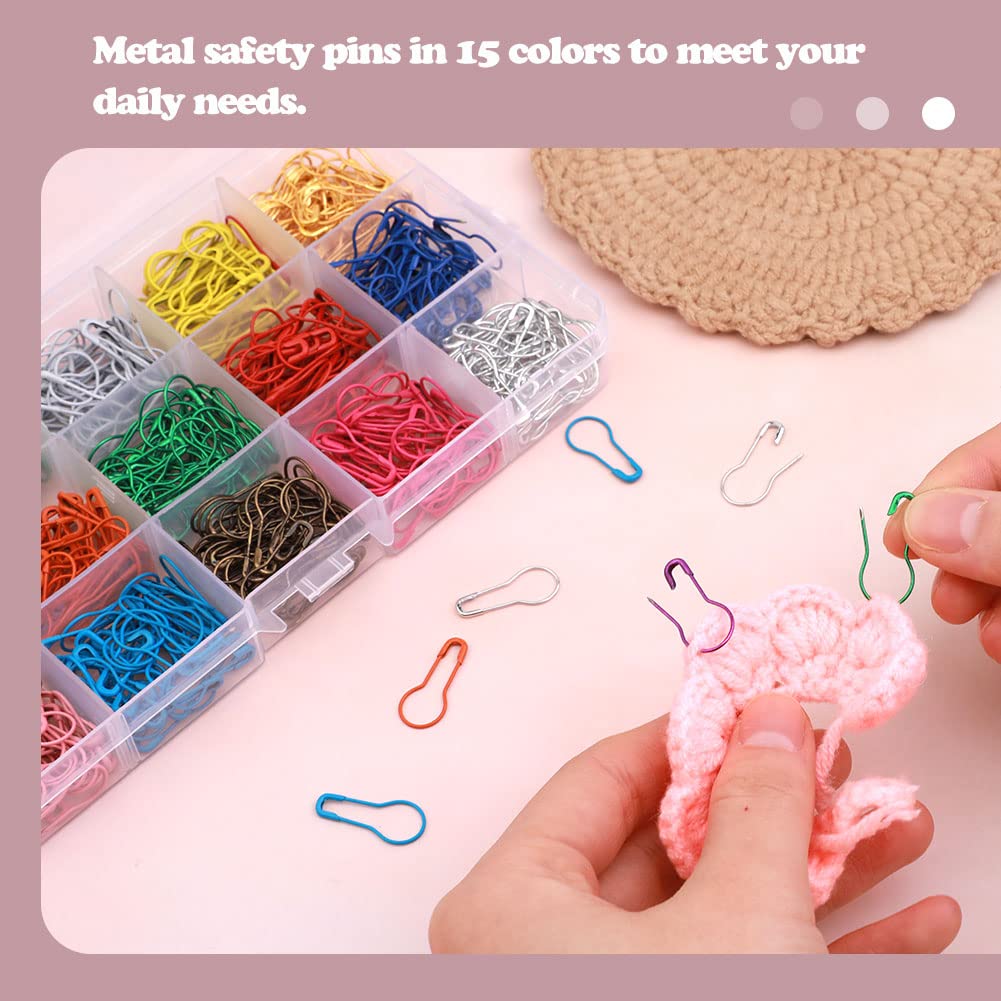 LUNARM 600 PCS Safety Pins, Colorful Metal Knitting Bulb Pins with Storage Box 15 Colors Stitch Markers for Clothing Labels Crochet Stitch Markers DIY Craft Project