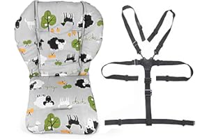 twoworld Baby High Chair Seat Cushion Liner Mat Pad Cover Resistant and High Chair Straps (5 Point Harness) 1 Suit (Grey Sheep)