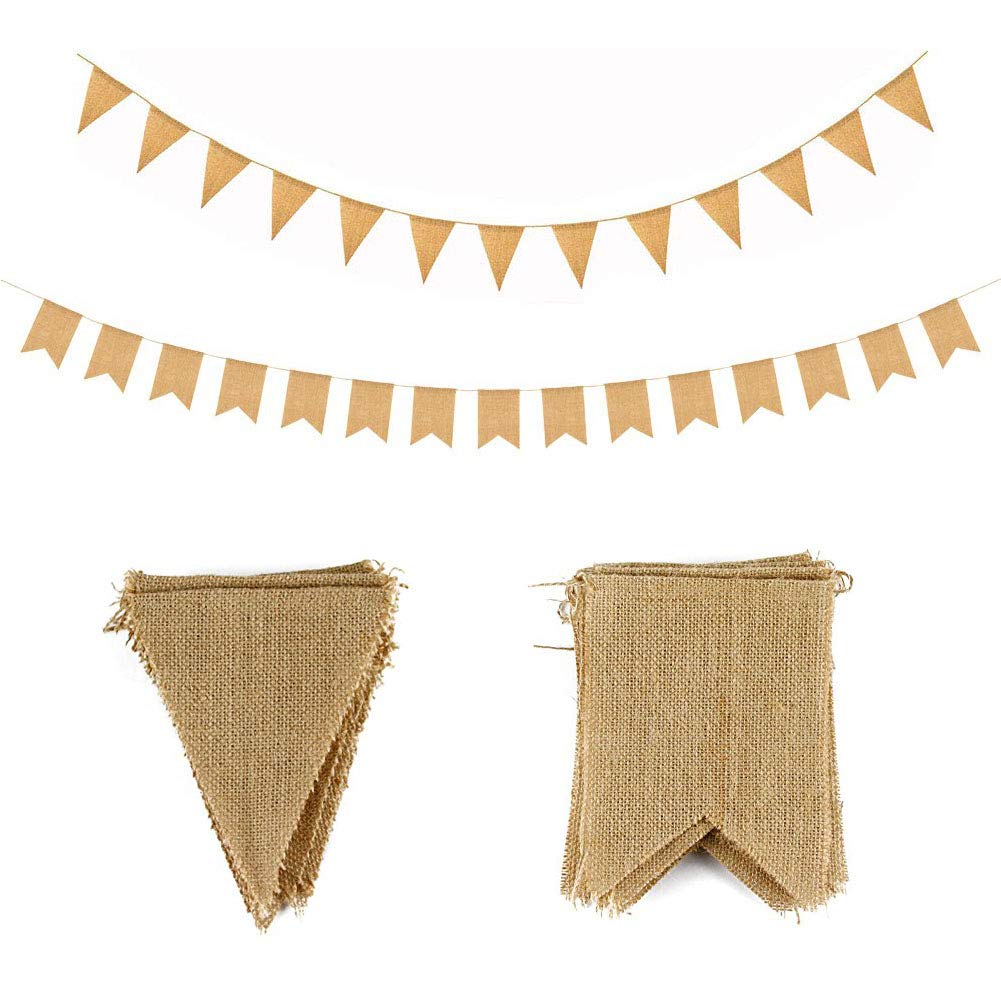 JAHEMU Burlap Flag Banner Pennant Hessian Garland Vintage Linen Bunting Banner Wedding Birthday Christmas Party Supplies Decoration 28PCS (Triangle & Swallowtail flag)