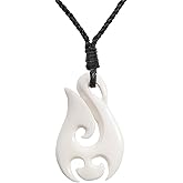 81stgeneration Hand-Carved Bone HEI Matau Pendant - Men's Surfer Accessories - Handmade Tribal Fish-Hook Cord Necklace - Maori-Style Koru Spiral Amulet - Natural Boho Jewelry for Women