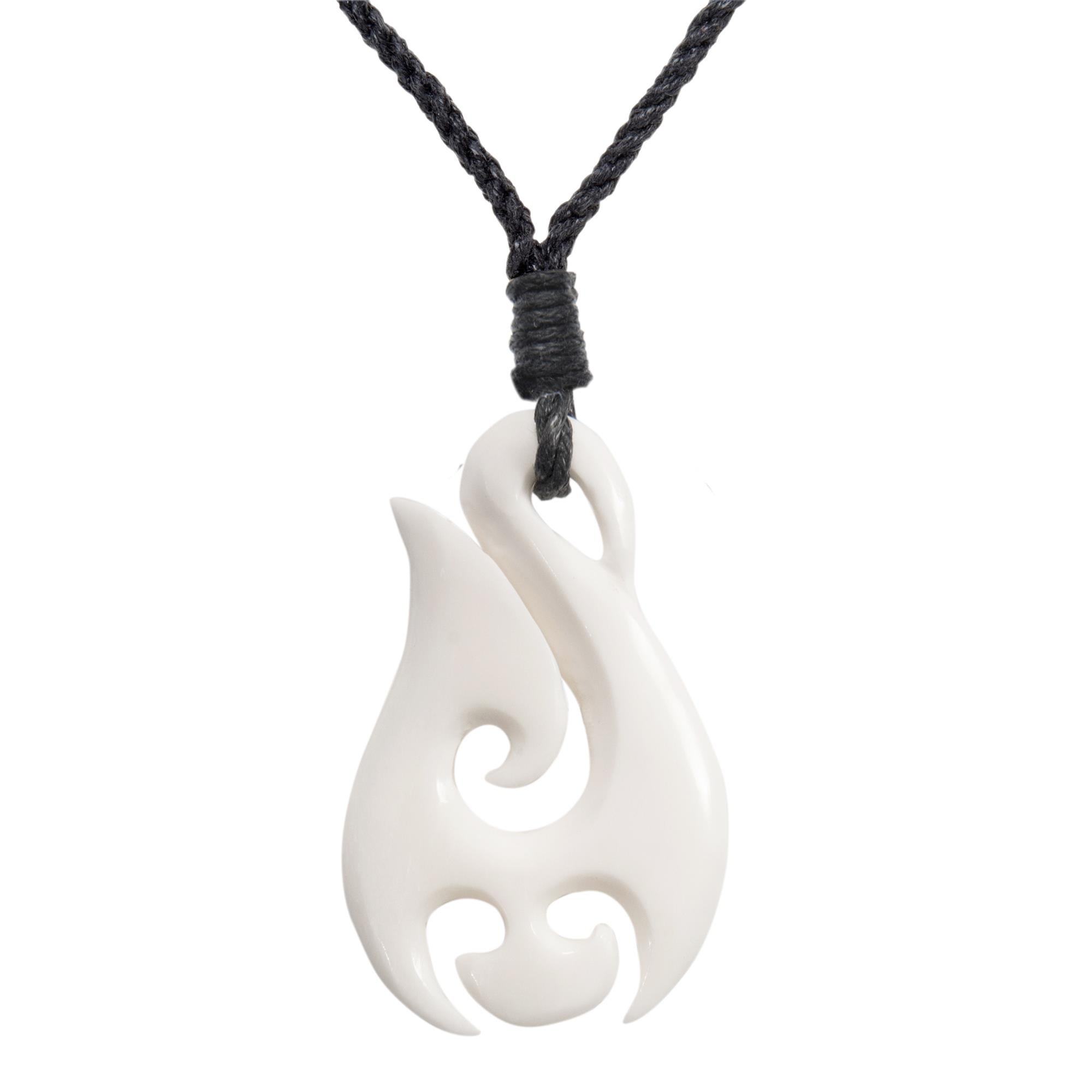 81stgeneration Hand-Carved Bone HEI Matau Pendant - Men's Surfer Accessories - Handmade Tribal Fish-Hook Cord Necklace - Maori-Style Koru Spiral Amulet - Natural Boho Jewellery for Women