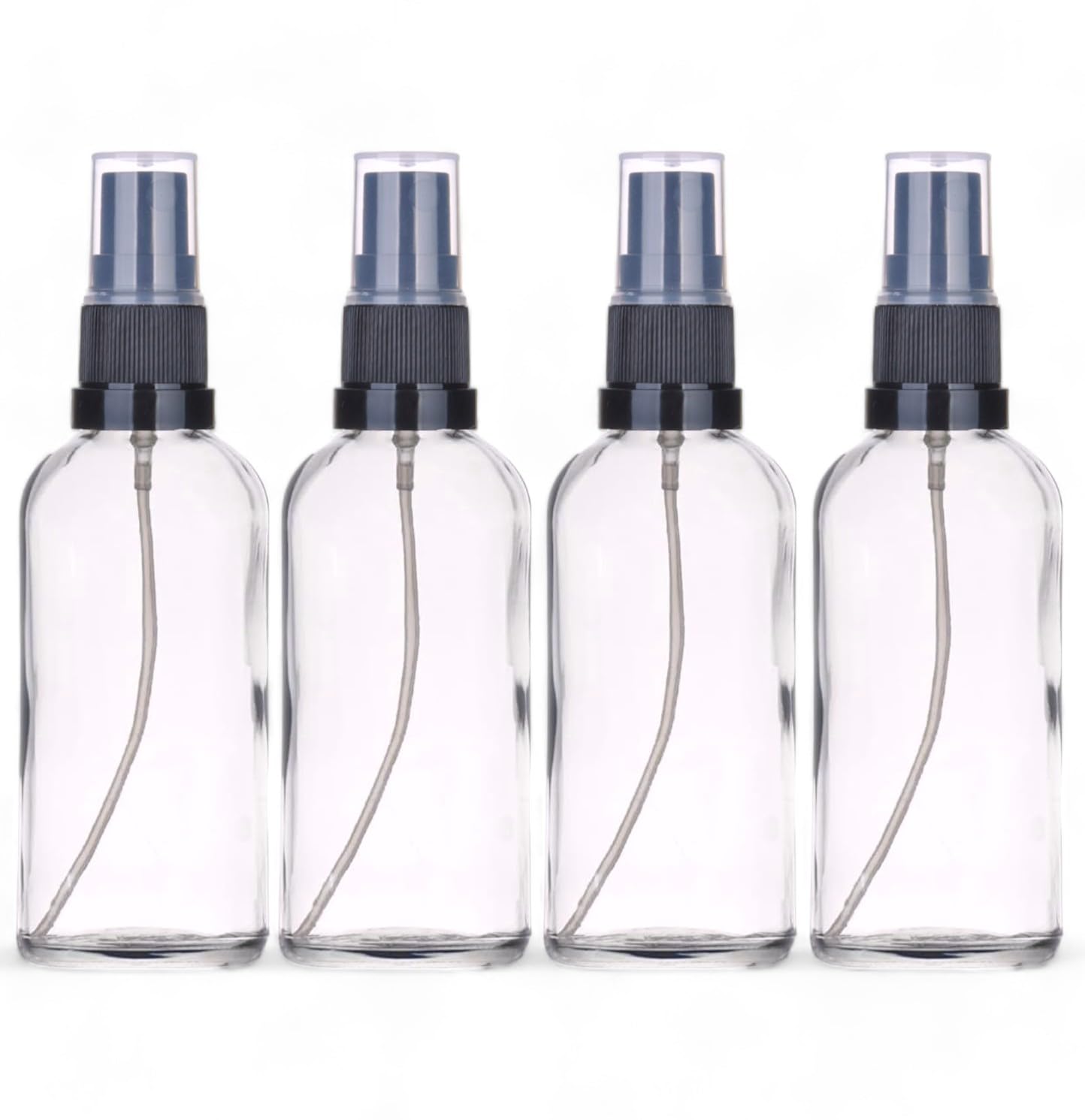 Avalon Cosmetic Packaging 100ml Empty Glass Spray Bottles with BLACK GL18 Atomiser Fine Mist Sprays (EU Manufactured) - Pack of 4 (CLEAR)