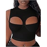 OYOANGLE Women's Ribbed Knit Cut Out Tank Top Crew Neck Sleeveless Party Crop Tops
