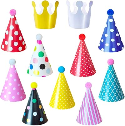 Jiosdo 11pk Birthday Party Hats Cone Paper Hats with Pom Poms for Kids Adults