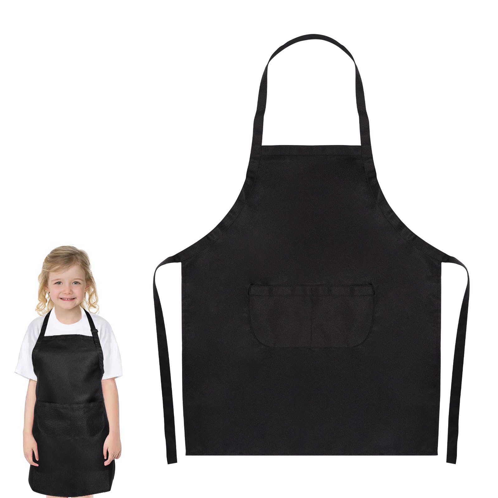 Lancry Kids Apron for Cooking, Unisex Apron With Adjustable Neck strap, Kitchen Aprons with Front Pocket for Girls Boys Baking Painting (Black, L)