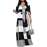 Maxi Dresses for Women Casual 3/4 Sleeve Wrap V Neck Semi Formal Elegant Long Church Dress with Belt