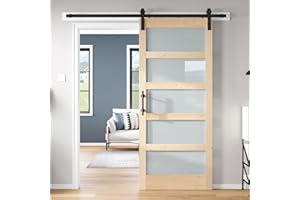 ROYMELO 34x84 inch Glass Sliding Barn Door Slab with 6ft Hardware Kit Included, 5-Panel Frosted Glass, Spruce Wood Support DIY Dyeing, Easy Assembly