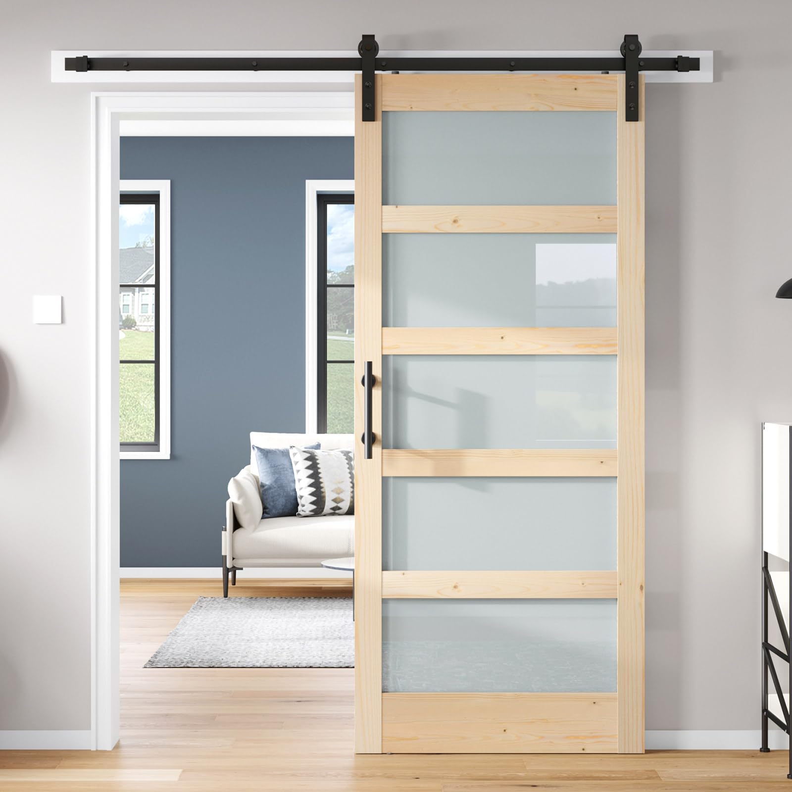 Photo 1 of ROYMELO 38x84 inch Glass Sliding Barn Door Slab with 6.6ft Hardware Kit Included, 5-Panel Frosted Glass, Spruce Wood Support DIY Dyeing, Easy Assembly