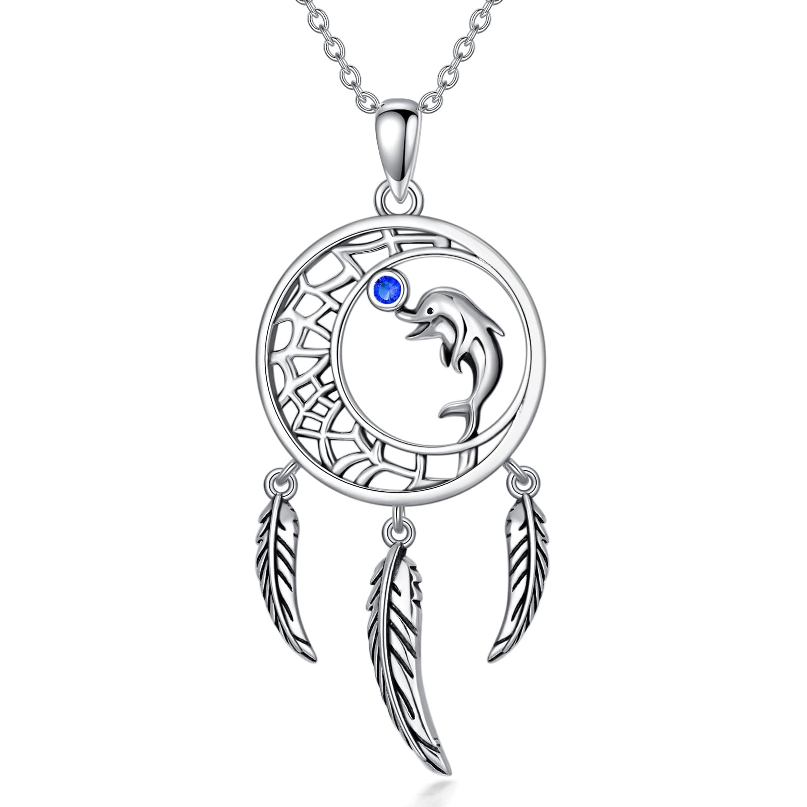 VENACOLY Dream Catcher Necklace Sterling Silver Pendant Necklace with Feather And Dolphin Jewellery Birthday for Women Girls
