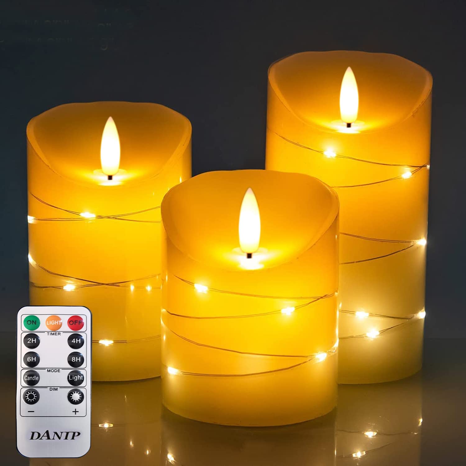flameless Candle, with Embedded Fairy String Lights, 3-Piece LED Candle, with 10-Key Remote Control, 24-Hour Timer Function, Dancing Flame, Real Wax, Battery-Powered. (Ivory White)