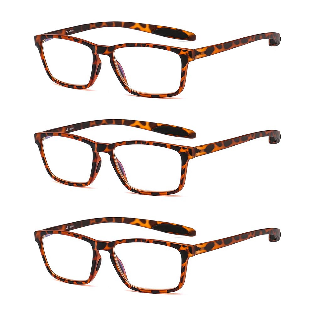 Suertree 3 Pack Blue Light Blocking Computer Reading Glasses, Rectangle TR90 Smooth Surface Frame Readers Spring Hinges Anti Eyestrain Gaming Glasses Unisex Leopard 2.0X