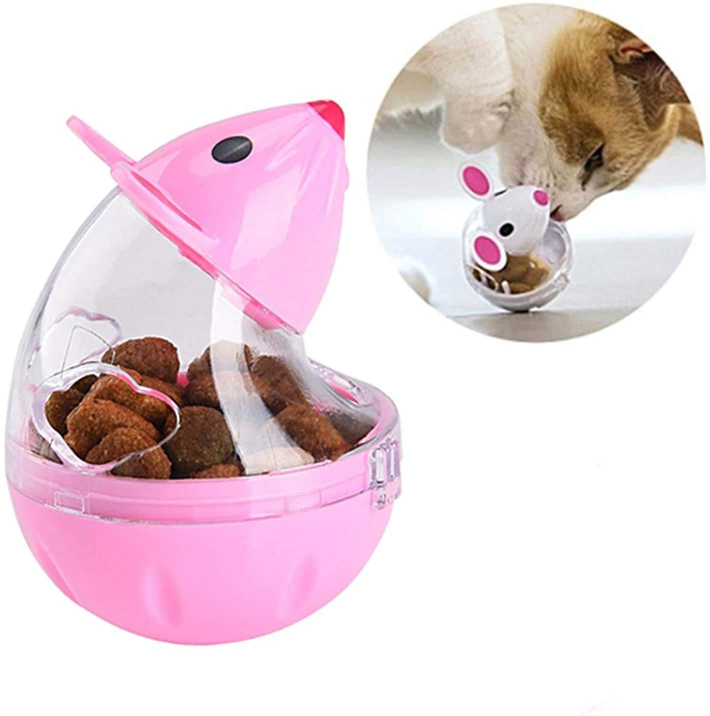 Cat Food Dispenser Cat Treat Toy Feeder Toy for Interactive IQ Treat Training Mouse shape Tumbler (Pink)